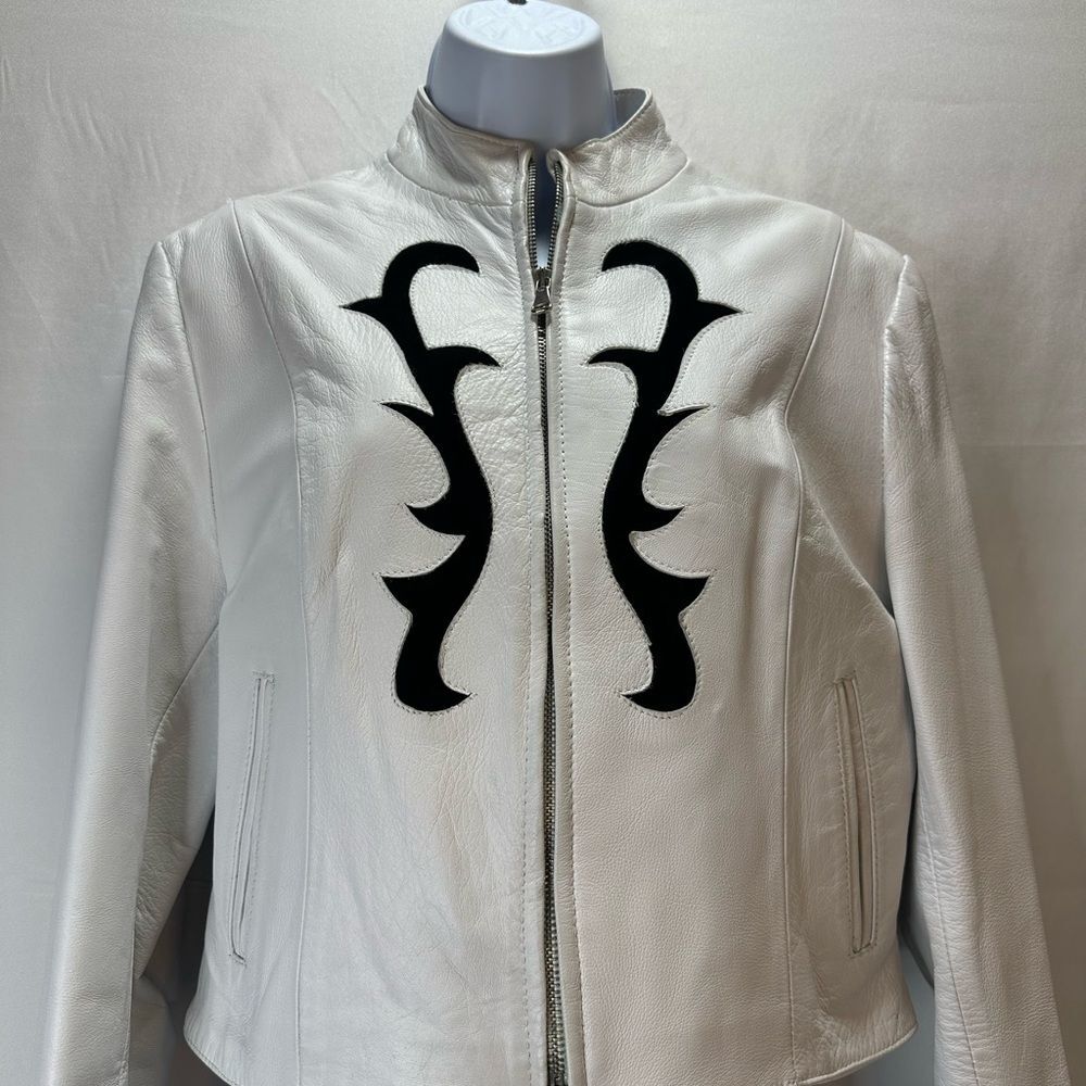 Vera Pelle Vintage White Leather Jacket with Black Design Size XL - Picture 4 of 10